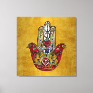 Lienzo Corazón de Granada Rojo de Pájaro Hamsa Rubí