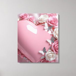 Lienzo Corazón Rosa Brillante con Mariposas Rosas Románti