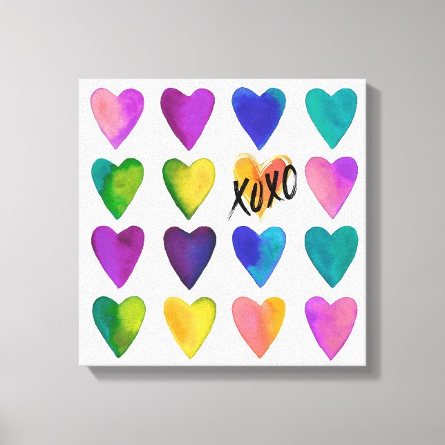 Lienzo Corazones acuarelas vibrantes con XOXO (Anverso)