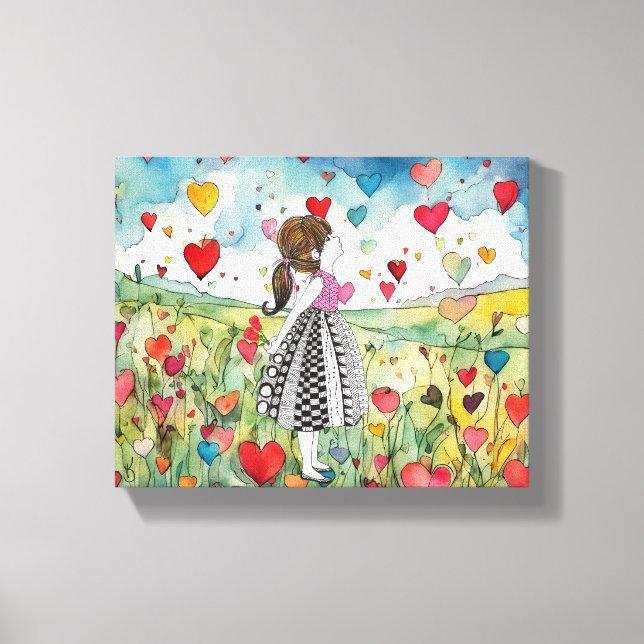 Lienzo Corazones acuarelas y una niña pequeña (Anverso)