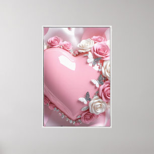 Lienzo Corazones de Rosas Rosadas Suaves Mariposas Brilla