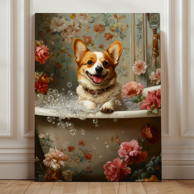 Lienzo Corgi Bubble Bath Joy (Corgi Bubble Bath Joy – Whimsical Floral Dog Bathroom Art by Nicole Cossairt)