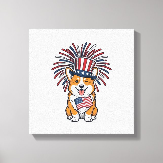 Lienzo Corgi Patriótico Fuegos Artificiales Diseño Vector (Anverso)