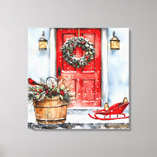 Lienzo Corona de Navidad roja de invierno vintage rústica