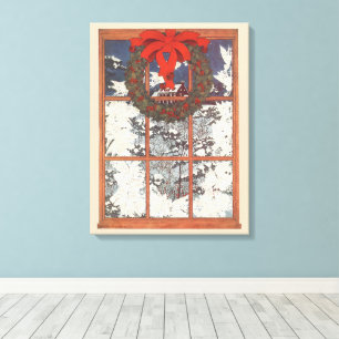 Lienzo Corona de Navidad vintage en una ventana con nieve