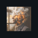 Lienzo Cosmic Mind Dissolving Head Portrait<br><div class="desc">A thoughtful man in round glasses and tweed stands at an open window as his head transforms into a radiant cosmic nebula. Swirling clouds of fiery orange, molten gold, electric turquoise, lavender, and deep indigo spiral upward with glowing spirals and starry flecks, while soft afternoon light illuminates his face and...</div>