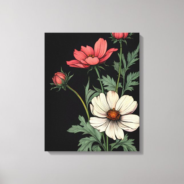 Lienzo Cosmos elegantes florecen en negro (Anverso)