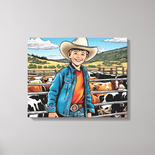 Lienzo Cowboy Cattle Ranch Young Boy Graphic Art (Anverso)