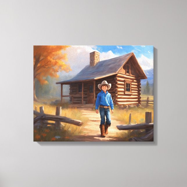 Lienzo Cowboy Log Cabin Boy's Bedroom Art (Anverso)