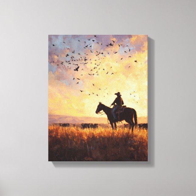 Lienzo Cowboy Sunset Ride Silhouette Painting (Anverso)