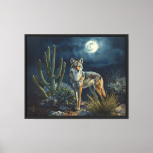 Lienzo Coyote Bajo Luna Llena Noche De Desierto Rústico
