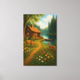 Lienzo Cozy Woodland Cabin With Deer Stretched Canvas