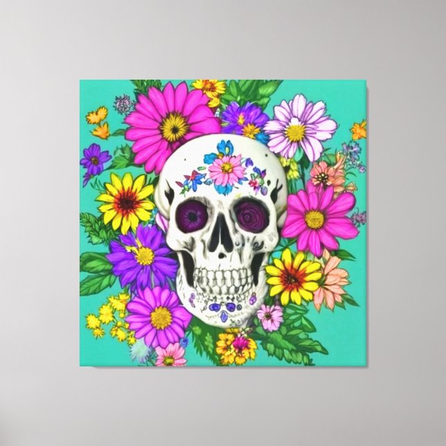 Lienzo cráneo colorido con flores  (Anverso)