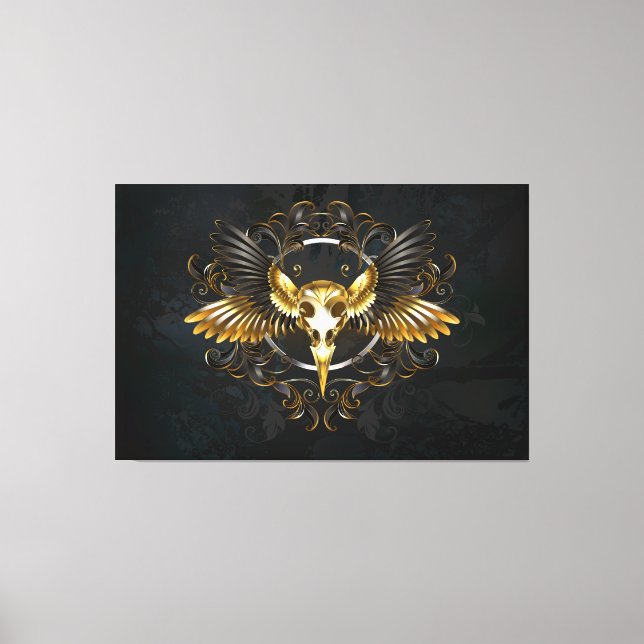 Lienzo Cráneo de pájaro dorado sobre fondo negro (Anverso)