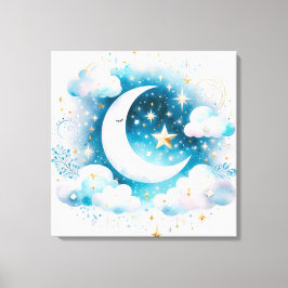 Lienzo Creciente azul y blanco Luna Celestial Boho modern