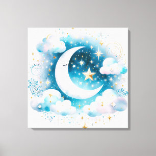 Lienzo Creciente azul y blanco Luna Celestial Boho modern