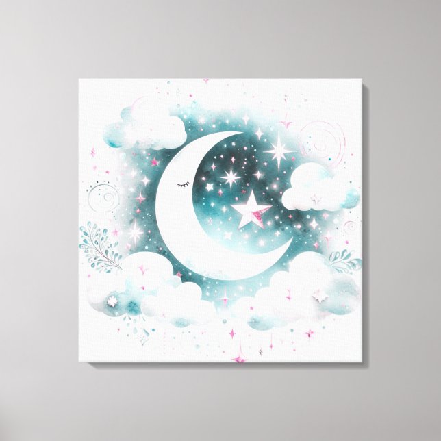 Lienzo Creciente Luna Celeste Boho Moderno Azul y Blanco (Anverso)