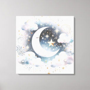 Lienzo Creciente Luna Celeste Boho Moderno Azul y Blanco