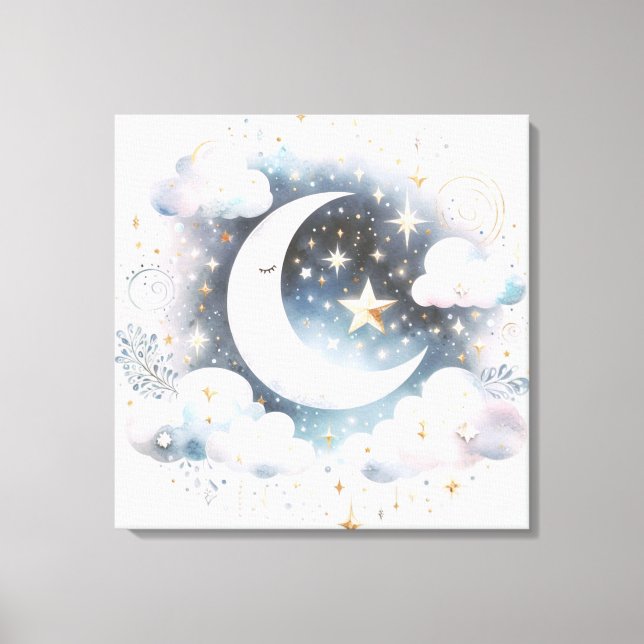 Lienzo Creciente Luna Celeste Boho Moderno Azul y Blanco (Anverso)