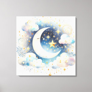 Lienzo Creciente Lunar Celeste Azul y Blanco Boho Moderno