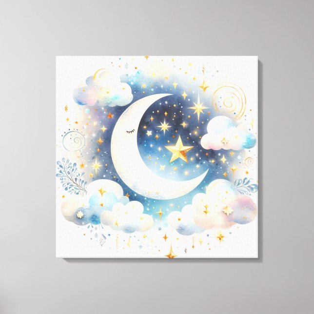 Lienzo Creciente Lunar Celeste Azul y Blanco Boho Moderno (Anverso)