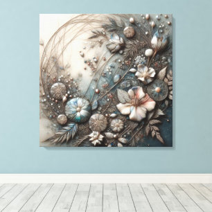 Lienzo Crema Teal Floral Botánico Escultural en 3D