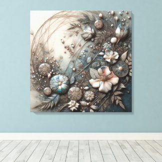 Lienzo Crema Teal Floral Botánico Escultural en 3D