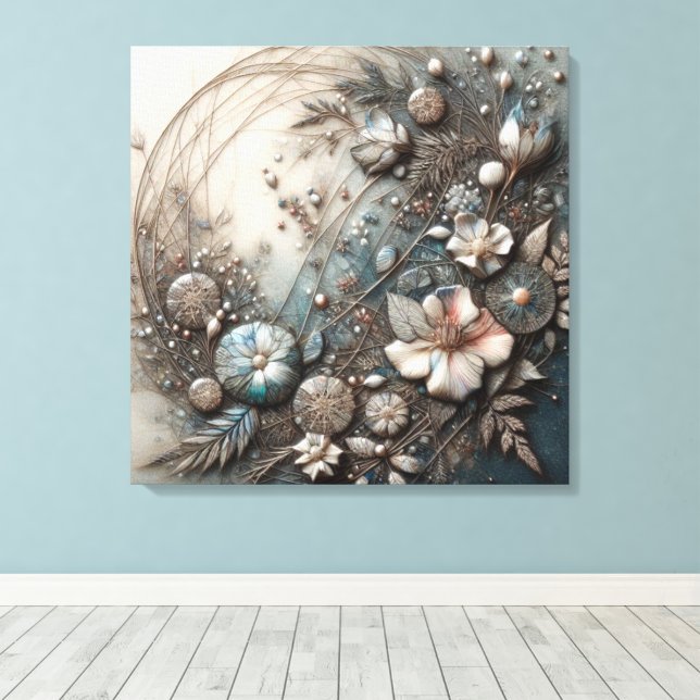 Lienzo Crema Teal Floral Botánico Escultural en 3D (Insitu (piso de madera))