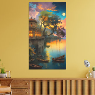 Lienzo Crepúsculo de terciopelo: La villa junto al lago