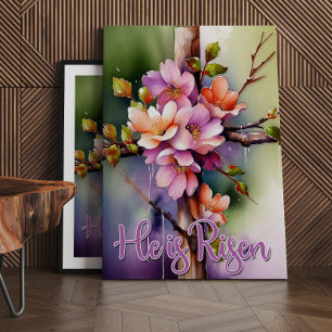Lienzo Cruz cristiana de madera floral, Él ha resucitado
