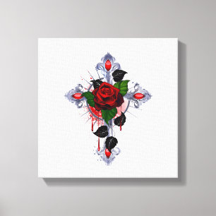 Lienzo Cruz de Plata con una Rosa Roja