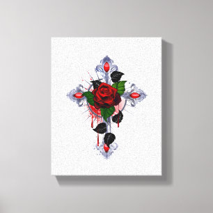 Lienzo Cruz de Plata con una Rosa Roja