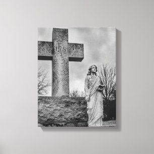 Lienzo Cruz y ángel en blanco y negro