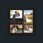 Lienzo Cuatro fotos de Boda Collage Love Script Black<br><div class="desc">Muestra recuerdos felices de tu día de boda en tu casa con este collage de 4 fotos, donde puedes intercambiar fácilmente tus cuatro fotos favoritas. La palabra Amor se solapa ligeramente con las imágenes y se ajusta en un guión elegante de oro. El color de fondo negro se puede cambiar...</div>