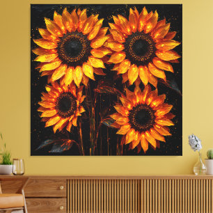 Lienzo Cuatro girasoles sobre un fondo oscuro