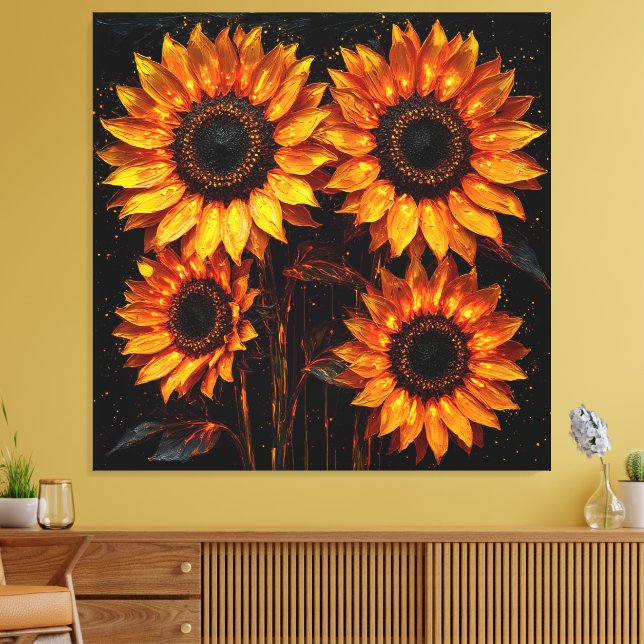Lienzo Cuatro girasoles sobre un fondo oscuro (Insitu (Sala de estar))