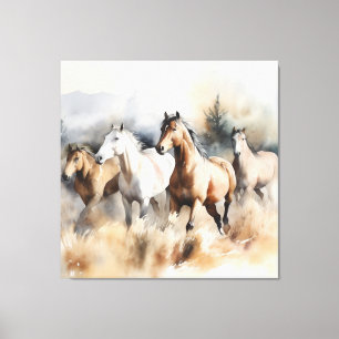 Lienzo “Cuatro Mustangs Salvajes” Acuarela Occidental Pol