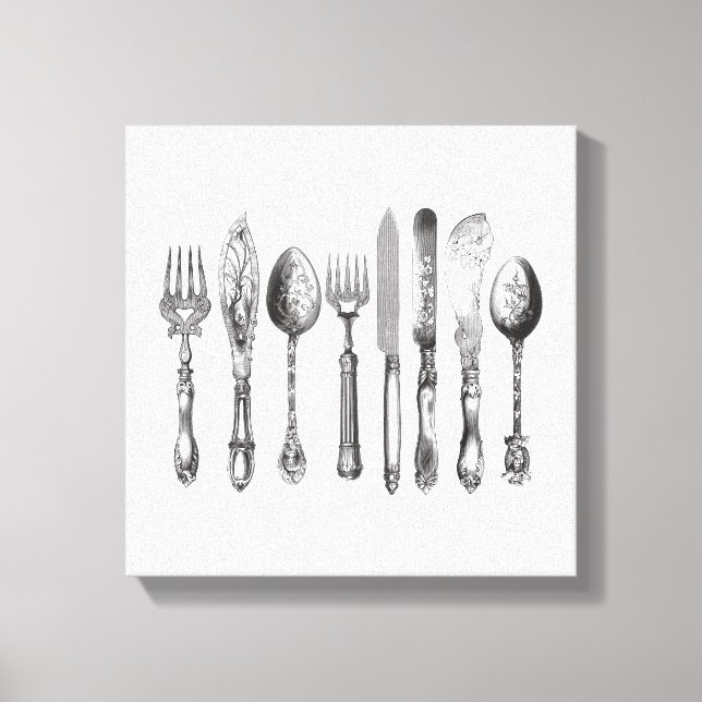 Lienzo Cubertería de época Cuchara de horquilla blanca ne (Anverso)