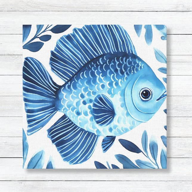 Lienzo Cubierta de color azul de pescado (Blue Watercolor Fish and Seaweed - Coastal Beach House and Bathroom Wall Art Canvas)