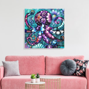 Lienzo Cuenca azul púrpura del pulpo floral Verde azulado