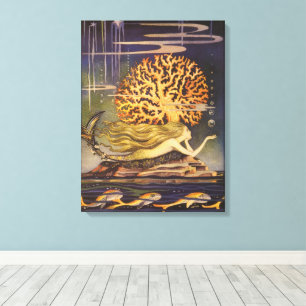 Lienzo Cuento de Hadas Antiguo, Sirena en Coral Oceánico