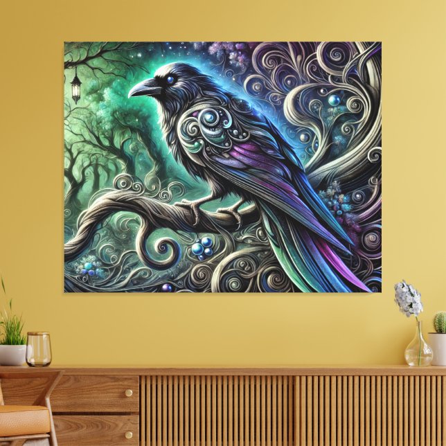 Lienzo Cuervo con Plumas Iridescentes en Bosque Encantado (Insitu (Sala de estar))