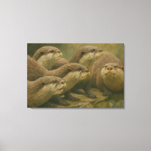 Lienzo Curiosa compañía - Otter Family on the Rocks