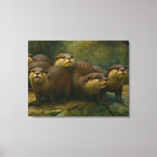 Lienzo Curiosa compañía - Otter Family on the Rocks