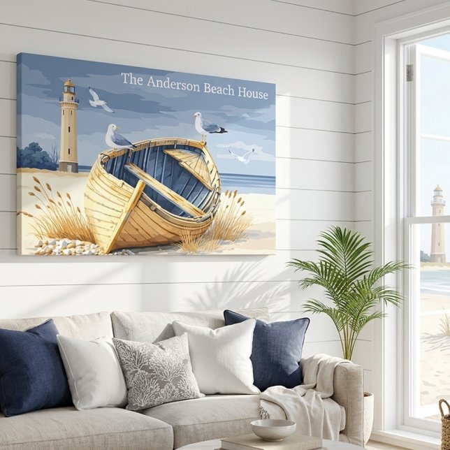 Lienzo Custom Lighthouse Rowboat Coastal Beach House (Summer beach house wrapped canvas featuring a boat on a beach with lighthouse and seagulls)