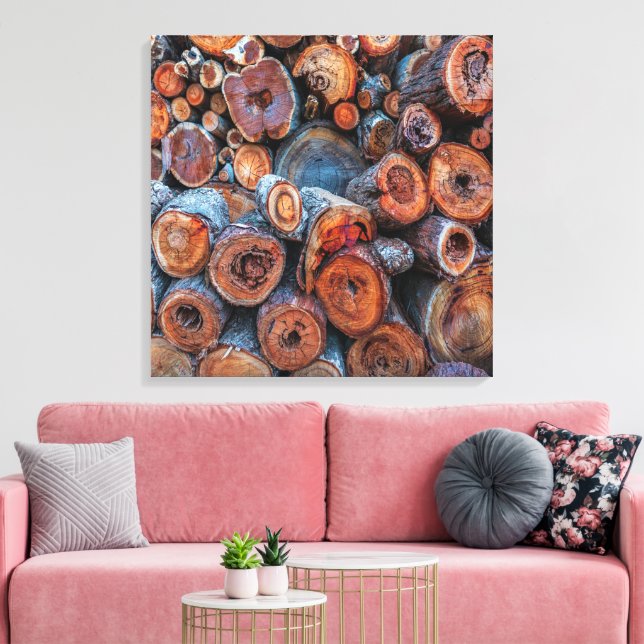 Lienzo Cut Tree Logs Stacked Together Pattern Photograph (Insitu (Sala de estar))