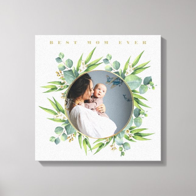 Lienzo Cuta floración acuarela hojas verdes marco de foto (Anverso)