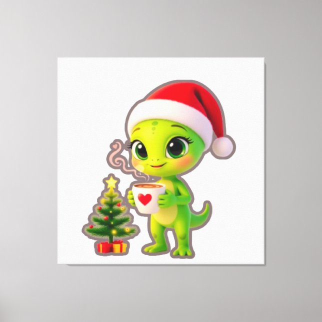 Lienzo **Cute 3D Green Alien in Santa Hat with Hot Chocol (Anverso)