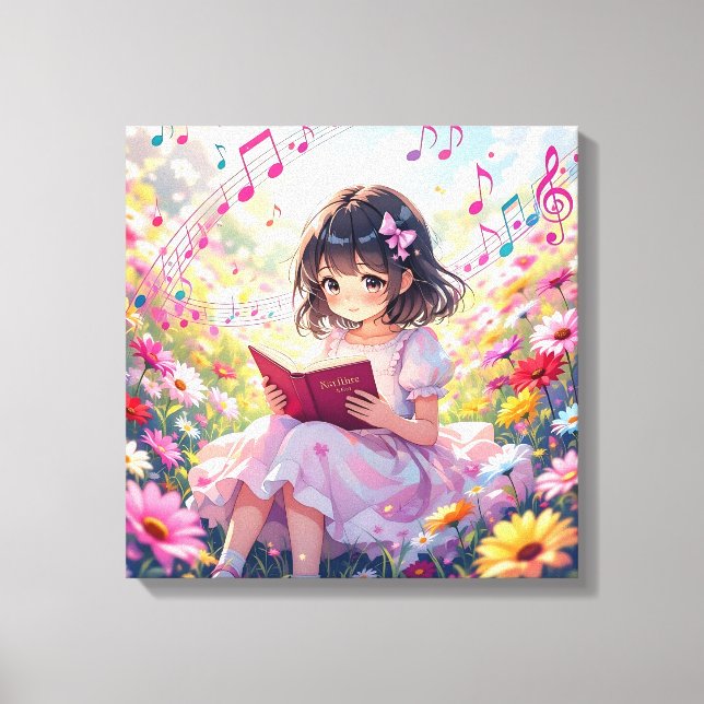 Lienzo Cute Anime Girl Reading a Book (Anverso)