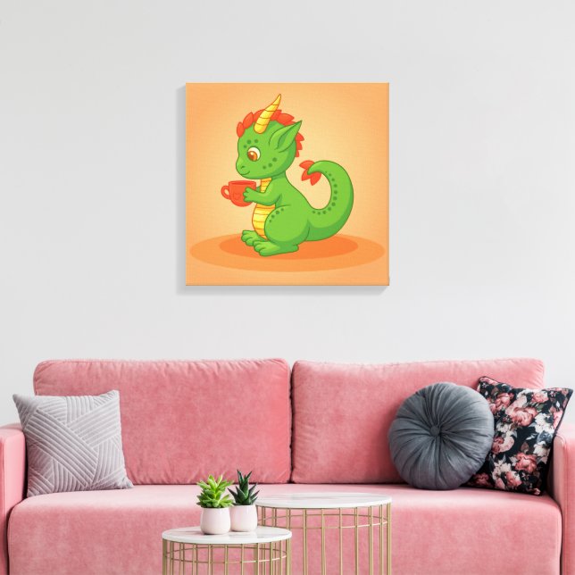 Lienzo Cute Baby Dragon Holding Cup on Orange (Insitu (Sala de estar))